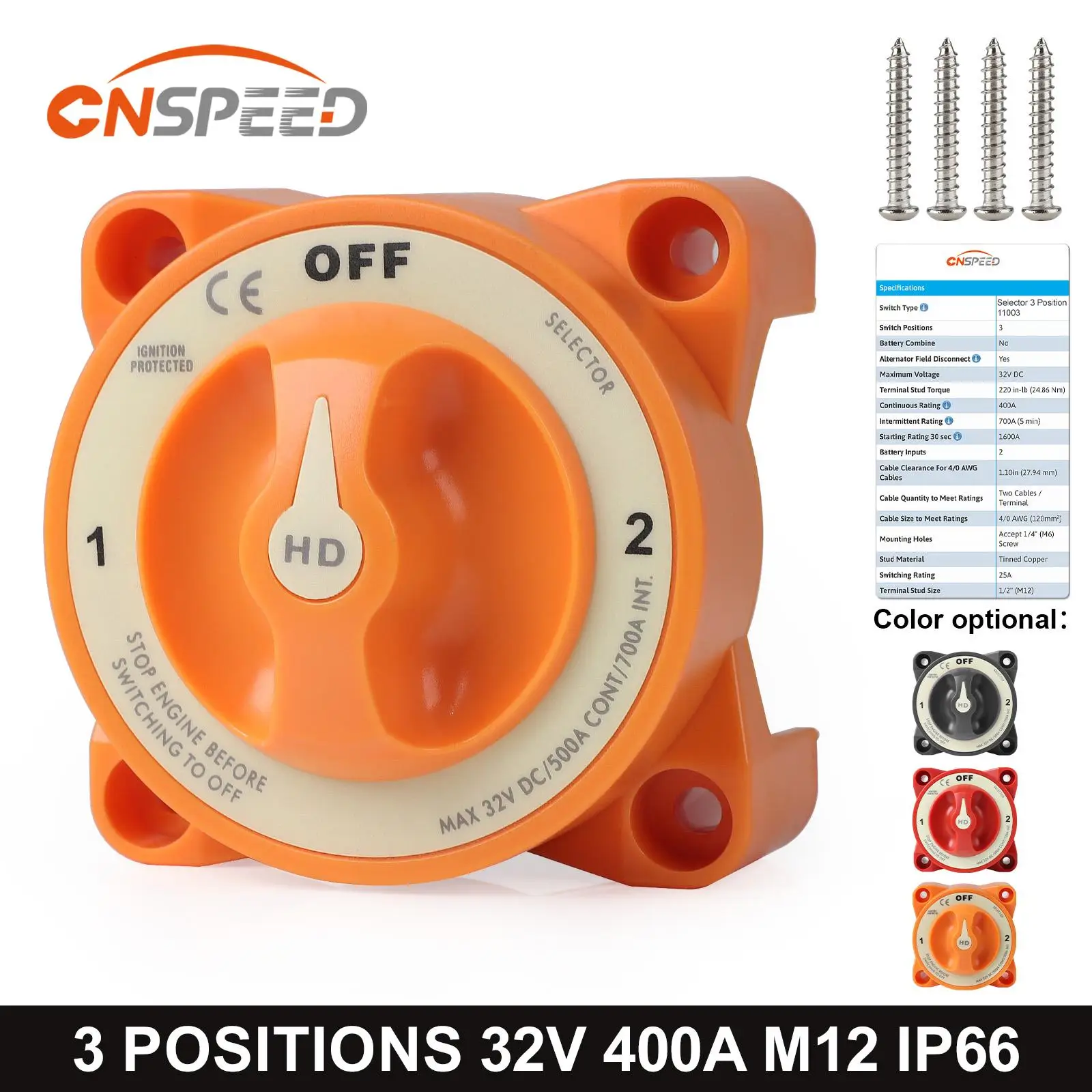 HD-Series Heavy Duty 3 Position Selector Battery Disconnect Switch with AFD 32V 400A Terminal Stud M12 For Camper RV Marine Boat
