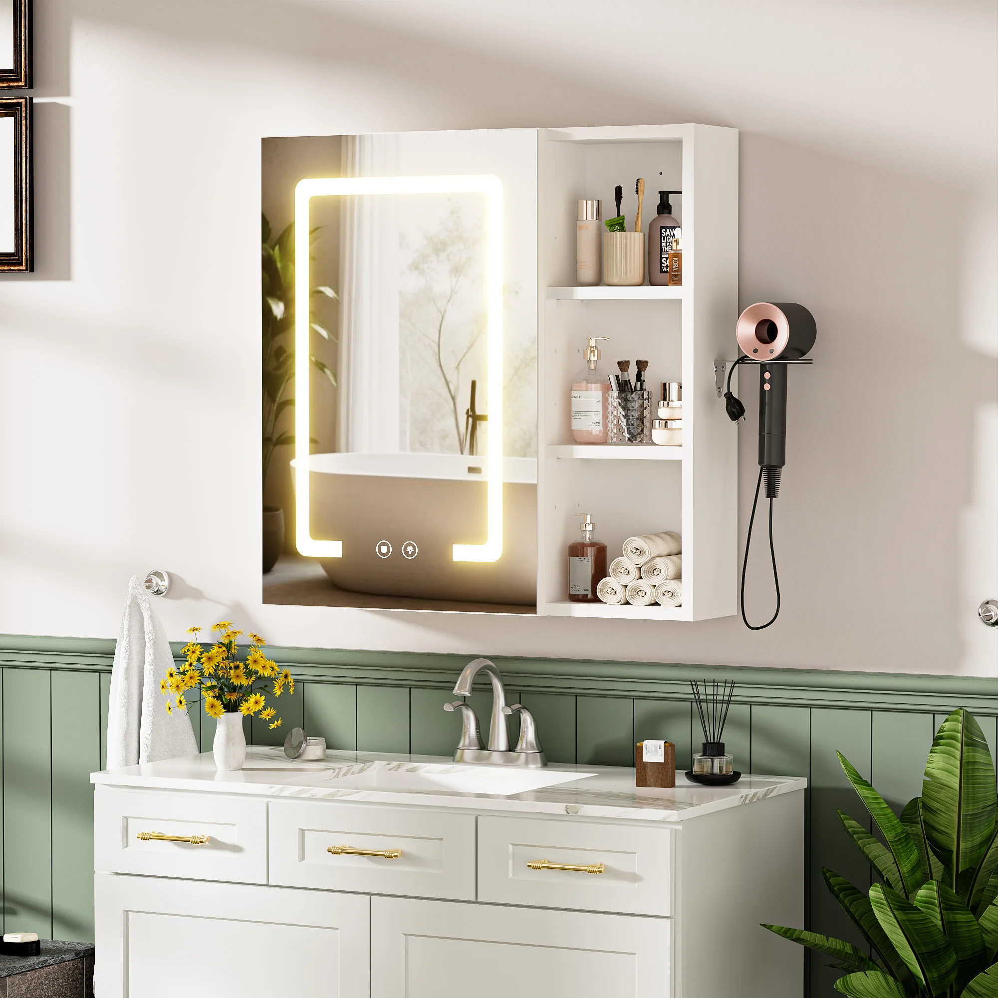 Bathroom Mirror Cabinet Anti-Fog Bathroom Cabinet With Mirror 3Color Adjustable LED Light Storage Cabinet With Hair Dryer Holder