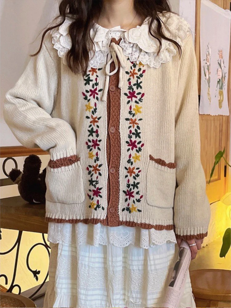 Spring and Autumn Plants and Flowers Fragmented Flowers Embroidered Knitted Cardigan, European and American Lazy Sweater Coat