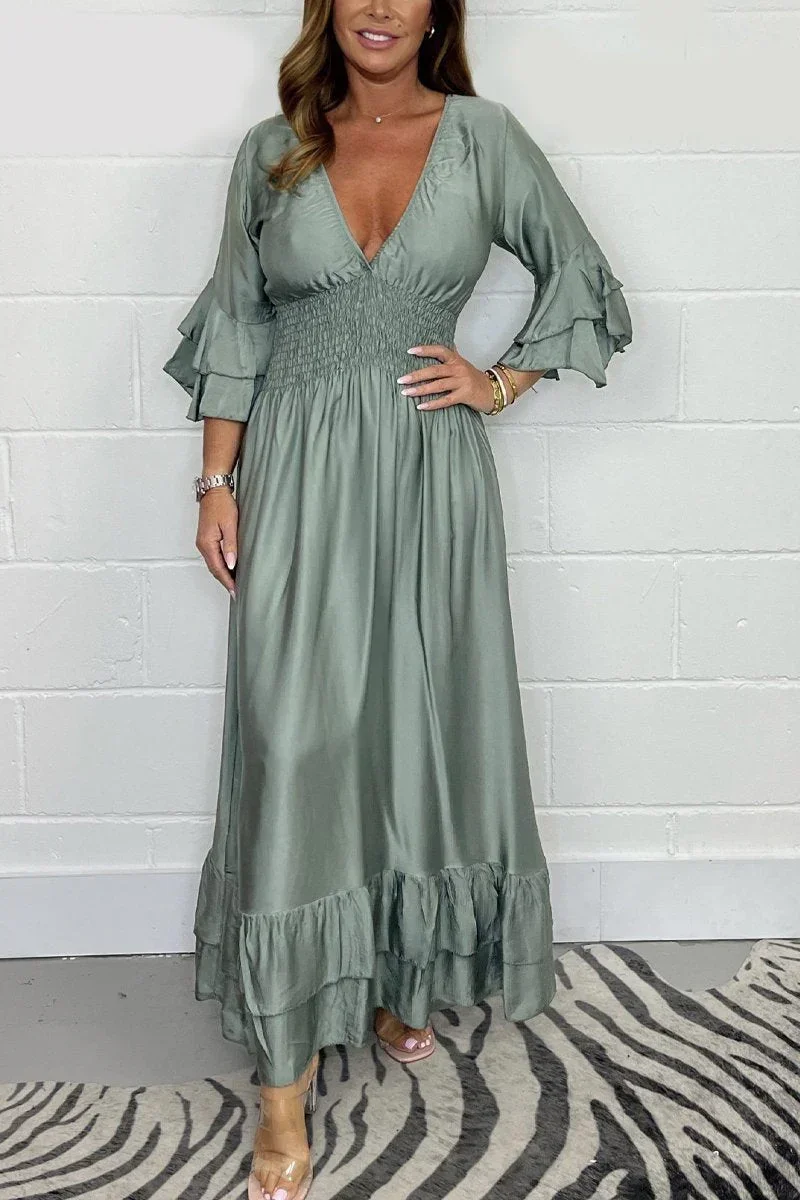 Women Satin Ruffle Maxi Dress Fashion Casual Ruffle Maxi Corset Curvy Summer Taille Smocked Waist Long Dress Beach Cover-ups