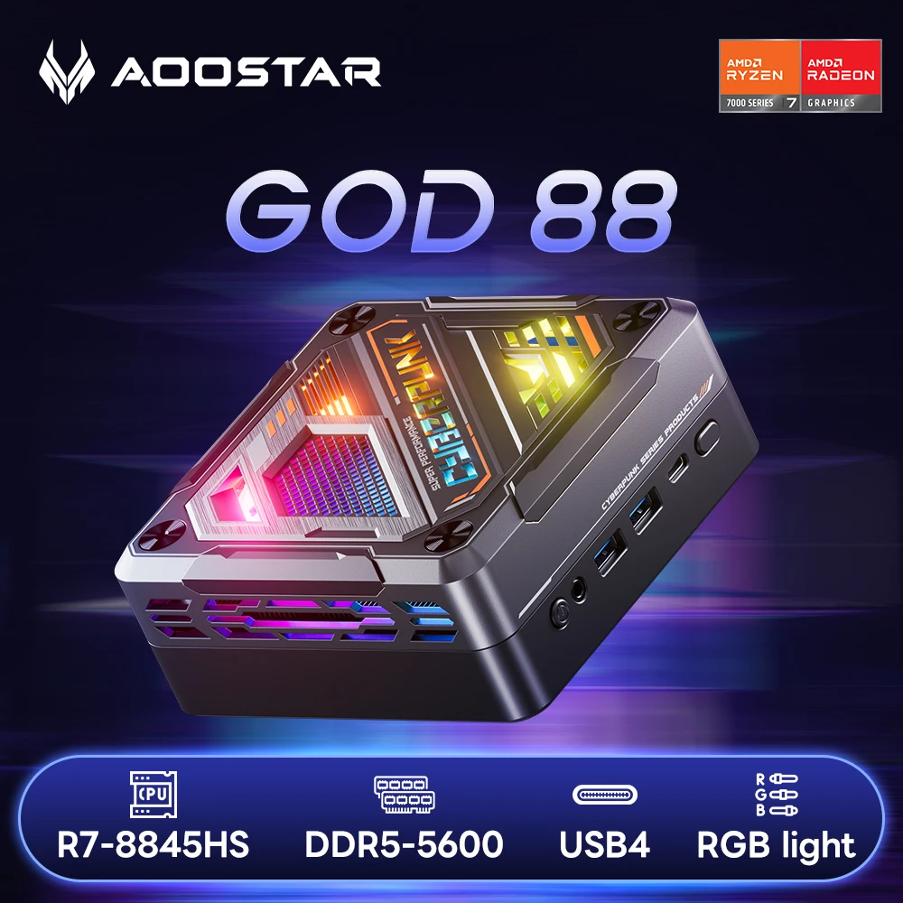 AOOSTAR Mini PC Ryzen 7 8845HS/7840HS DDR5 5600Mhz PCIe4.0 SSD, computador desktop para jogos com 2,5G + 1G LAN/W11 Pro