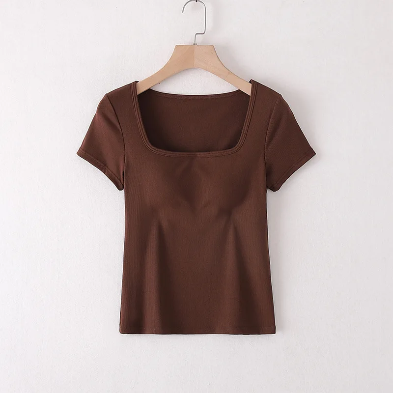 Camiseta de dormir de cuello cuadrado para mujer, Top de verano con almohadilla en el pecho, pijama de una pieza, camisa de fondo marrón, ropa de dormir de manga corta