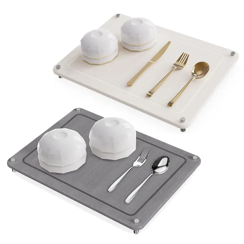 Quick Dry Stone Dish Drying Mat Kitchen Sink Pad Non-Slip Absorbent Diatomaceous Earth Dish Cups Rack Mat with 4 Metal Brackets