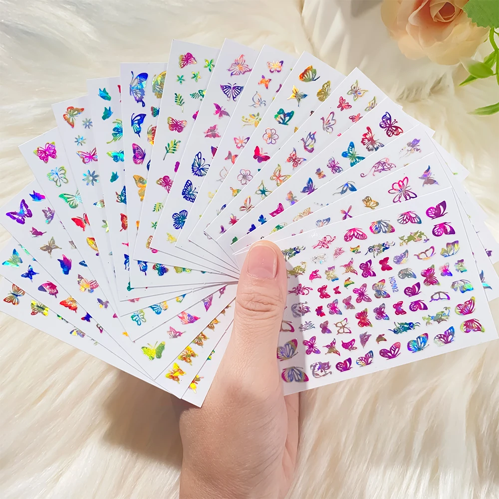 16/12Pcs 3D Colorful Butterfly Sticker For Nails DIY Laser Butterfly Nail Tips Slider Wraps Adheisve Decals Manicure Decorations