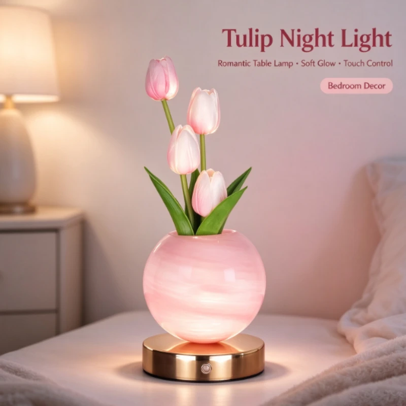 Pink Tulip Flower LED Table Lamp Rechargeable Touch Control Dimmable Night Light for Bedroom Bedside Home Decoration Gift
