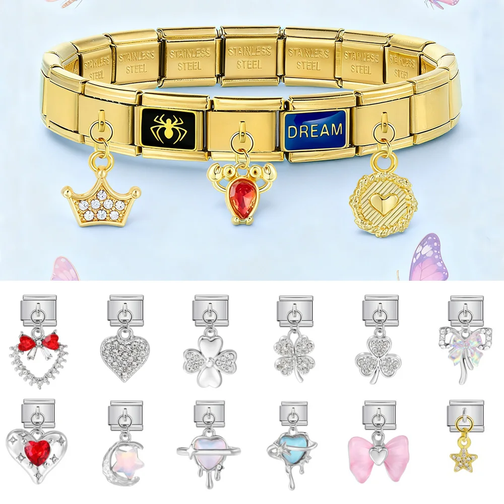 Colgante clásico con forma de gota de agua, hierba de la suerte, meteoro, demonio, corazón, enlace italiano, apto para pulsera de joyería de acero inoxidable de 9mm, fabricación DIY