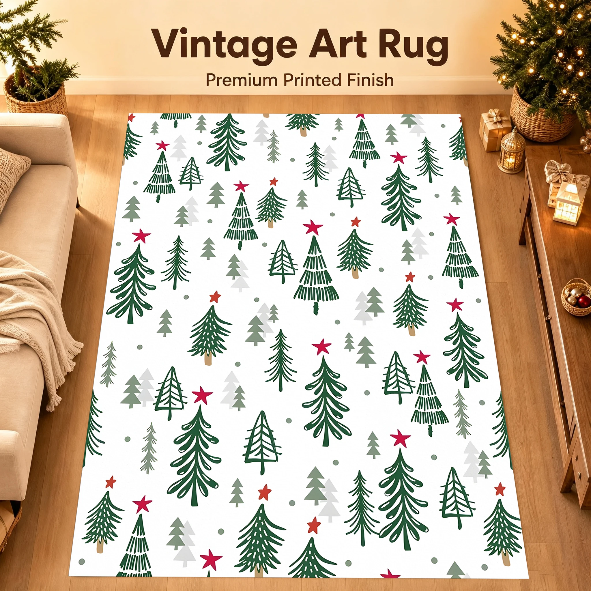 Simple Christmas Tree Red Star Velvet Area Rug, Fresh Fun Style, for Living Room Bedroom, Autumn Winter