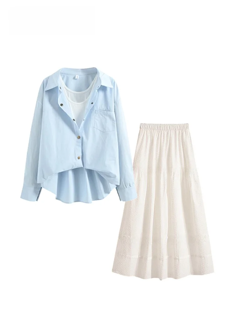 

Модный комплект из топа и юбки в стиле французского шика для женщин, весенняя новинка, большие размеры, милый корейский свободный крой из хлопка