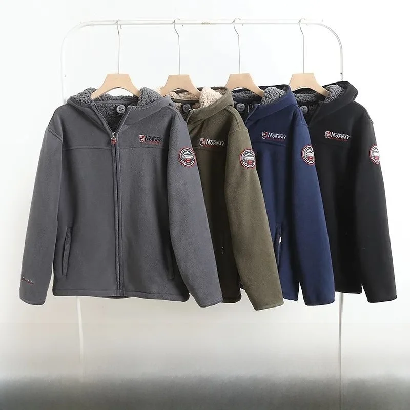 

Thiened Fce на подкладке с капюшоном, мужское осенне-зимнее повседневное теплое пальто с вышивкой, длинное пальто-стойка на молнии