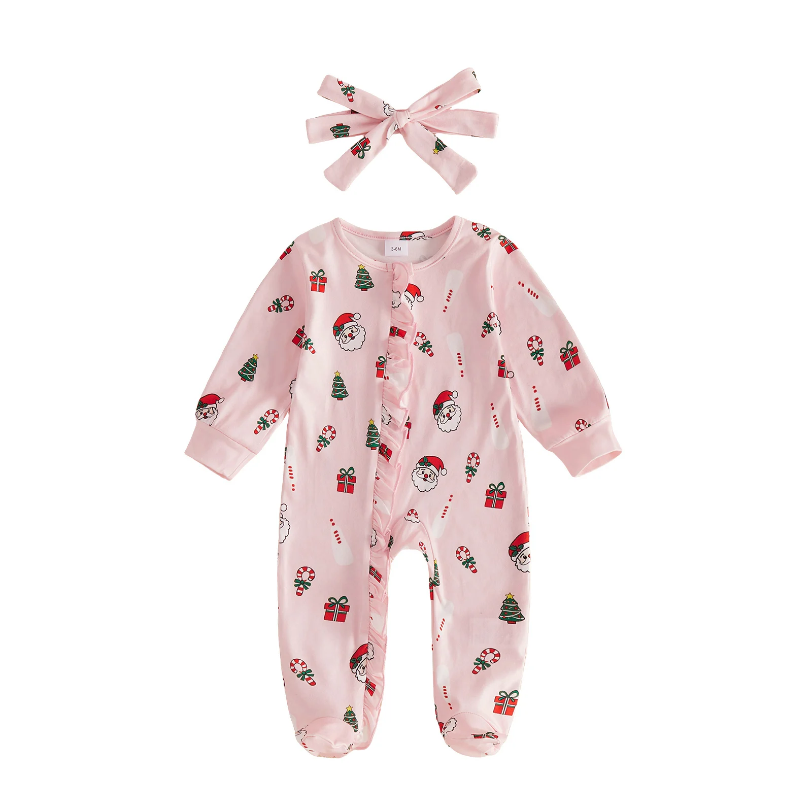 Baby Christmas Footed Romper Print Long Sleeve Jumpsuit with Headband Hat