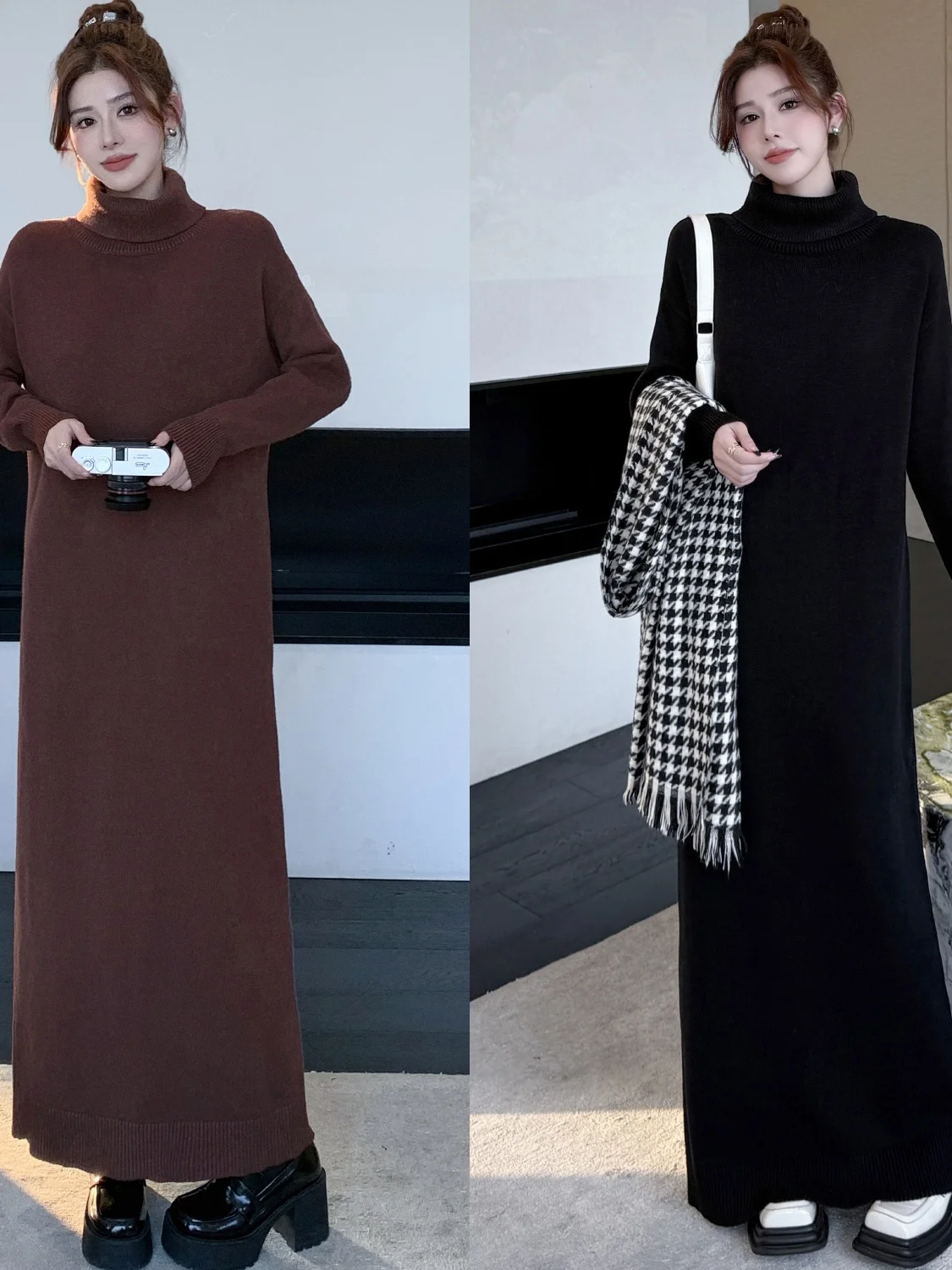 Winter New High Collar Long Sleeve Knitted Dress Maxi Sweater Dress Women's Casual Loose Waist A-Line Skirt Thickened