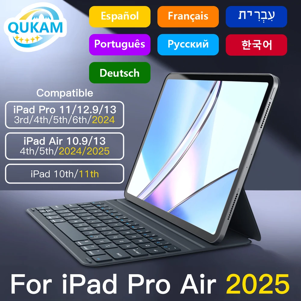 

QUKAM Русский язык Magic Keyboard для iPad 11th 2025 Air 11in 13in Bluetooth-клавиатура Беспроводная для iPad Air 4 5 6 Pro 11 12.9 Чехол-подставка