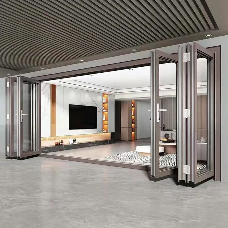Puerta Plegable Moderna e Impermeable con Marco de Aluminio, Puertas Plegables de Doble Vidrio, Puertas Plegables Panorámicas Silenciosas