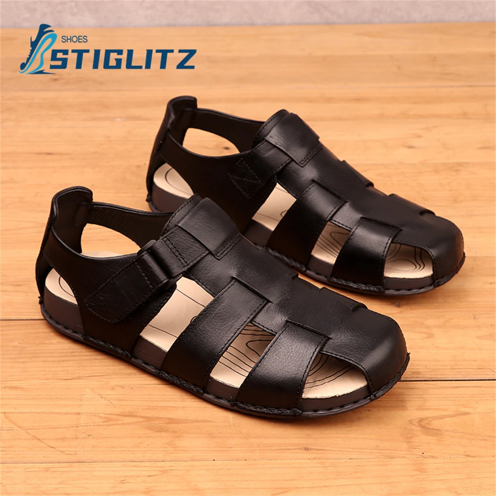 Braided Wide Belt Pig Cage Flats Black Genuine Leather Hollow Simple Casual Shoes Holiday Beach Non-Slip Sandals Roman Sandals