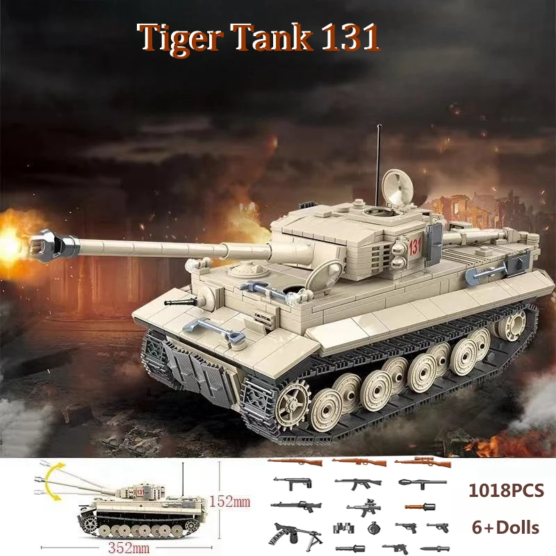 

WW2 1018PCS Military German Tiger Heavy Tank 131 DIY Model Building Blocks Weapons Army Soliders Bricks Toys For Boys Kids Gifts