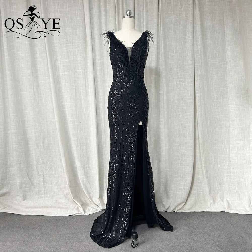 Black Evening Dresses Sequined Pattern Lace Ostrich Fur Beaded V neck Prom Gown Open Back Sleeveless Front Split LongParty Dress