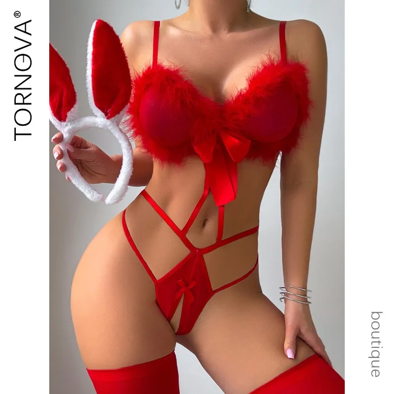 

Tornova Christmas Red Headband Bunny Ears MAO MAO Open Crotch Uniform Seductive with Stockings Women Nightclub Party Dance Suit