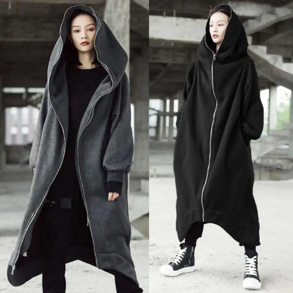 

Winter Women Oversized Hooded Coat Long Sleeve Zipper Maxi Long Loose Hoodies Sweatshirt Female Black Coats Outerwear for Women