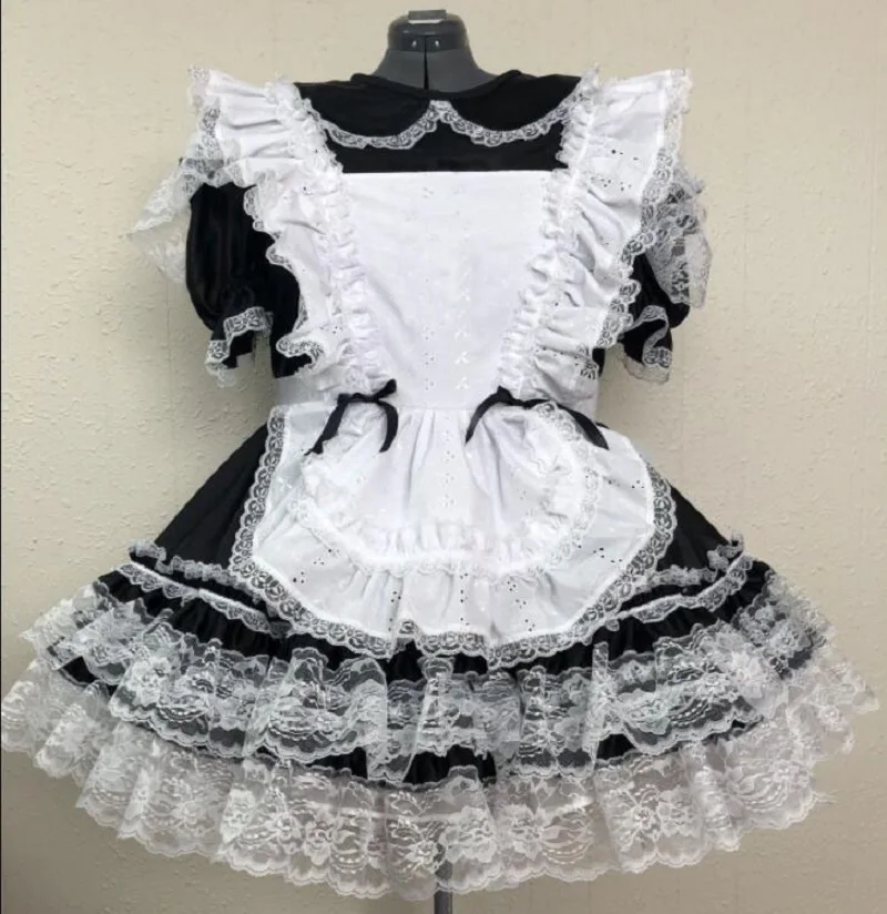 

Zipper lockable adult sissy imitation apron French Maid doll collar lovely Lapel lace dress customizable