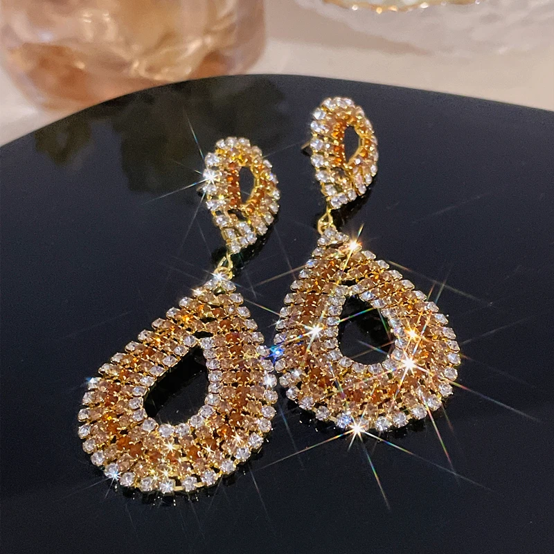 2024 Luxury Women\'s Earrings Geometric Long Tassel Crystal Rhinestone Drop Earrings New Shiny Wedding Statement Party Jewelry