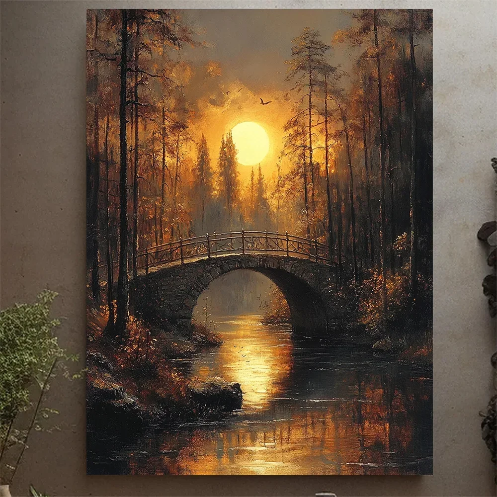 (No frame)1pc Enchanted Moonlit Forest & Bridge Canvas Wall Art - 12x16 Inch Fantasy Panoramic Painting with Wooden Frame, Vi