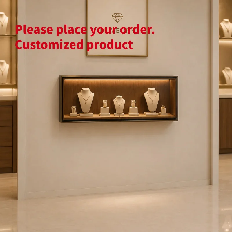 custom.Luxury Wall Mounted Jewelry Display Cabinet Dark Walnut Showcase with LED Lighting Retail Boutique Shop Wall Unit