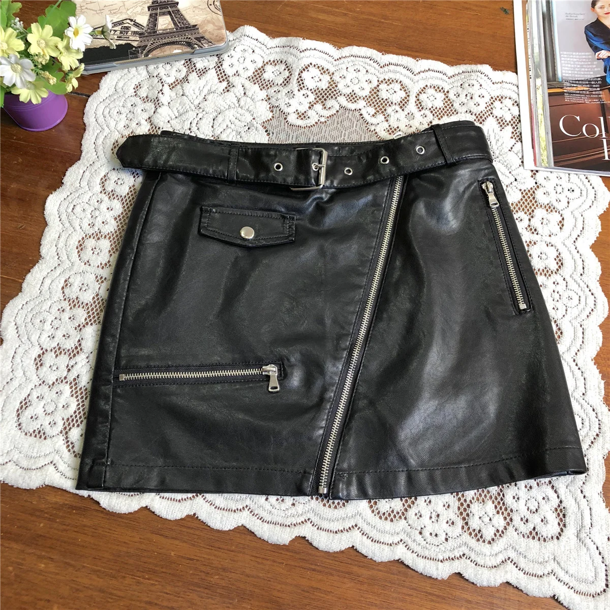 PU Leather Skirt Women's 2023 Korean Autumn Dress New Belt Faux Leather Skirts Zipper A-line Skirt Sexy Hip Wrap Bottoms Fashion