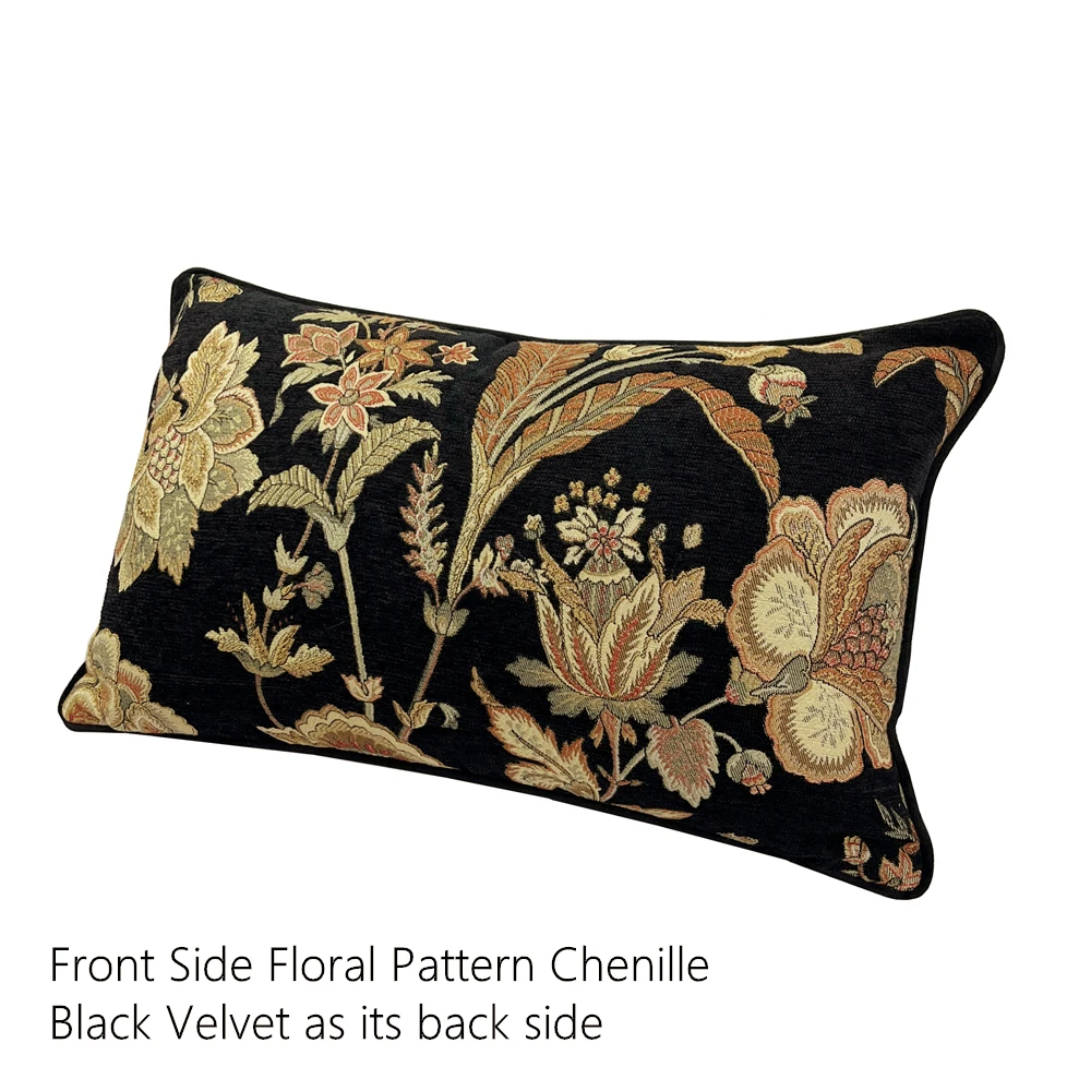 Fashion Black Velvet Floral Waist Pillow Case Vintage  Woven Jacquard Chenille Lumbar Living Cushion Cover Sell by Piece 30x50cm