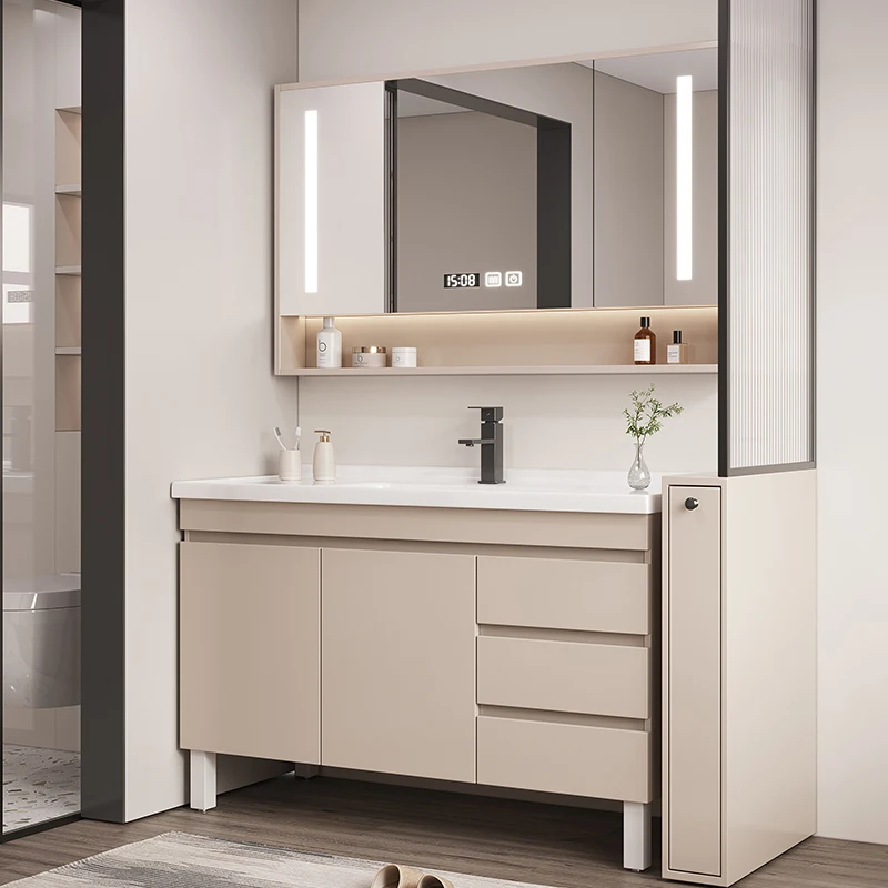 Solid Wood Basin Bathroom Cabinet Smart Light Mirror Dehuminification Ceramics Integrated Modern Furniture Floor Toilet Wash Fac