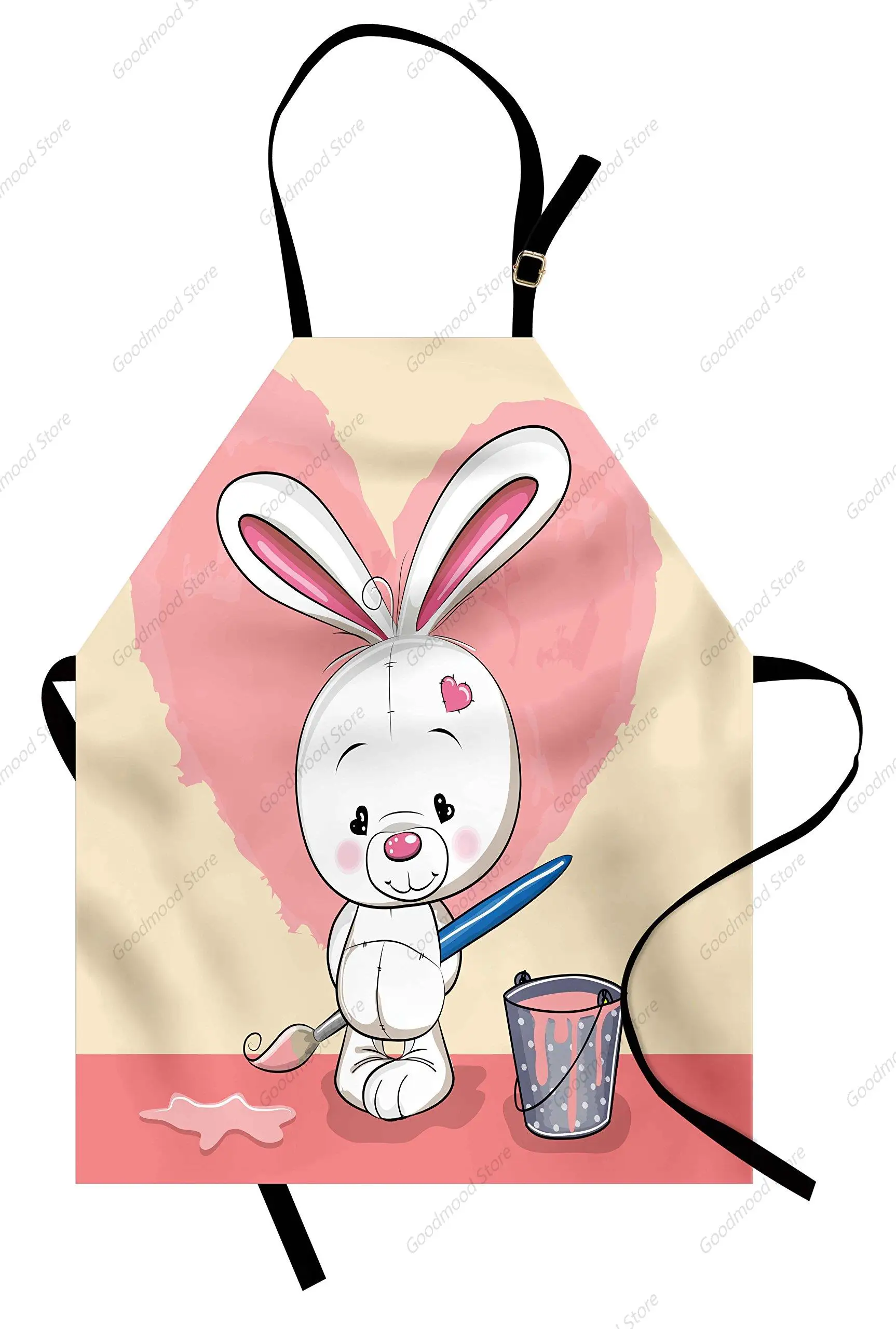 Rabbit Apron, Shy Bunny Painting a Pink Heart on the Wall Heart Shaped Eyes Ears, Unisex with Adjustable for Cooking Gardening