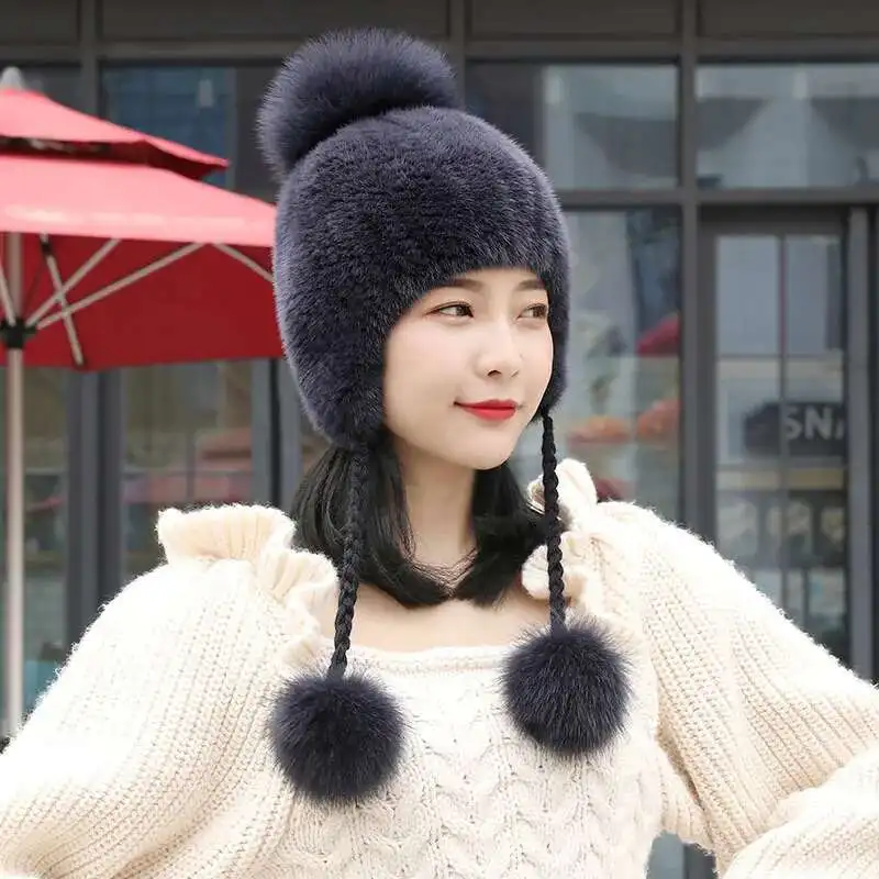 

Mink Fur Hat Winter Female Double-sided Encrypted Woven Hat With Fox Fur Ball Real Fur Hat For Women Earmuffs Protective Caps