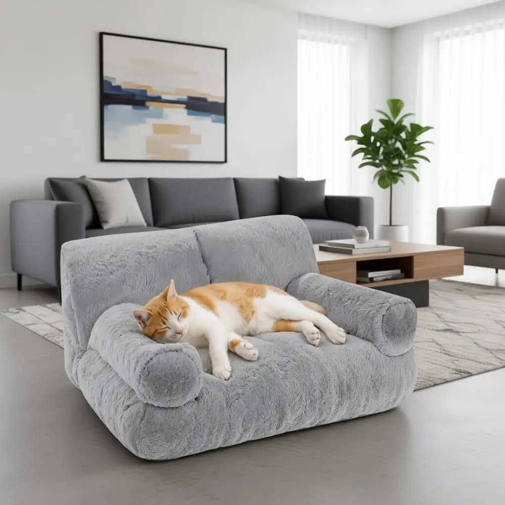 

Orthopedic Pet Couch Beds with Bolstered Edges, 10% More Sponge, Washable & Removable Cover, Anti Slip Base, Grey