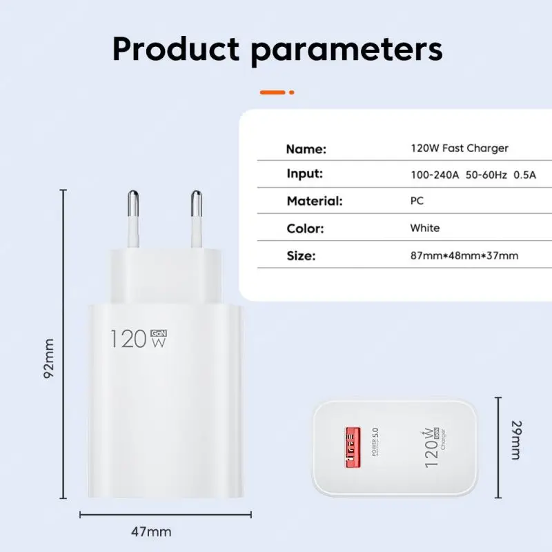 120W GaN Quick Charge Plug For iPhone 15 13 13 Samsung S23 S22 Xiaomi 14 13 12 OPPO Oneplus Fast Charging Phone Plug USB Charger