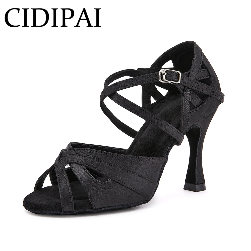 

Black Silk Satin Latin Dance Shoes Women Soft Soled Tango Salsa Practice Sandals Indoor Party Performance Dance High Heels