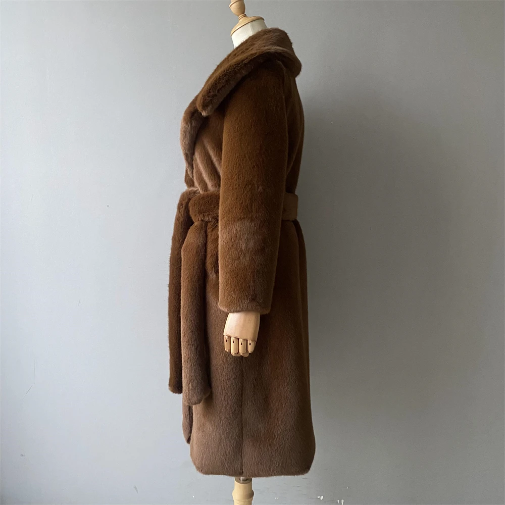 Jaxmonoy Dames Nepbont Trenchcoat Winter Volle Mouwen Warme Bovenkleding Dames Slanke Lange Bontjassen Met Riem Nieuwe Aankomst