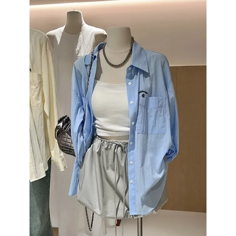 

Women's Letter Embroidery Oversized Long Sleeve Shirt Casual Loose Button Down Blouse