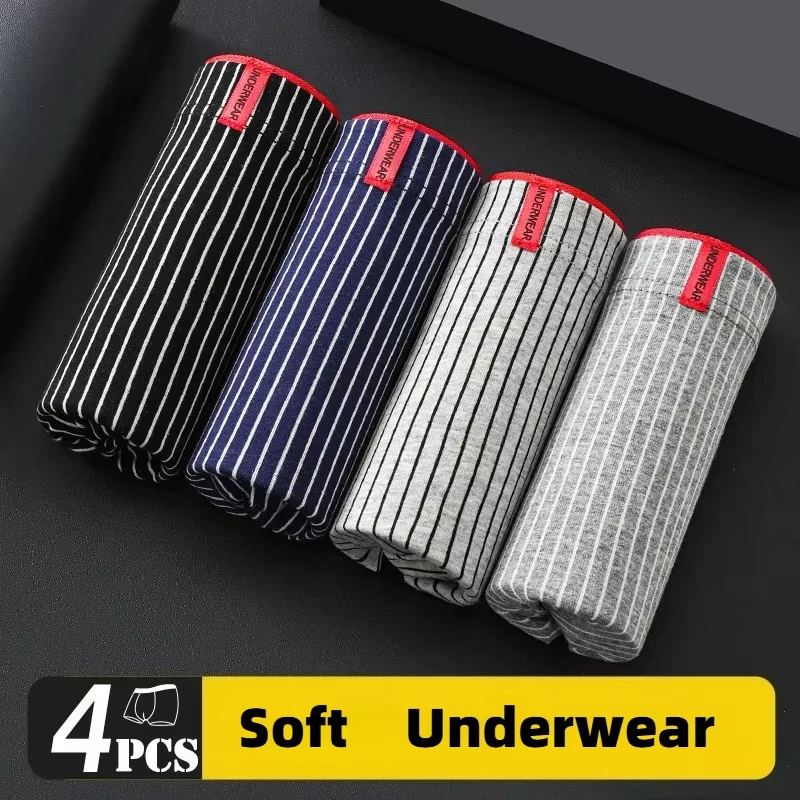 

4pcs Stripe Boxer Briefs Men's Underwear Male Underpants Breathable Sexy Thin Panties U Convex Lingerie Aisa Size L-4XL