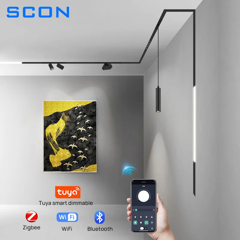 SCON Smart Home TUYA APP z możliwością przyciemniania wpuszczana reflektor szynowy magnetyczna kratka lampy przy powodzi nowoczesnej reflektory LED