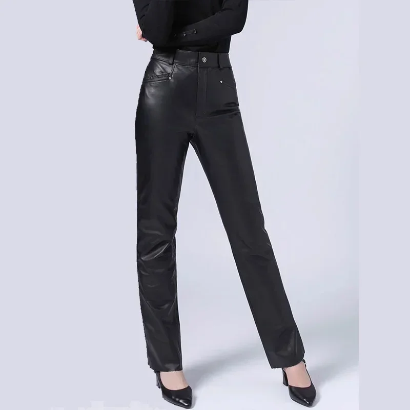 

Black Matte Leather Pencil Pants Women High Waist Stretch PU Slim Trousers Ladies Casual Straight Leg Pants Custom Clubweat New