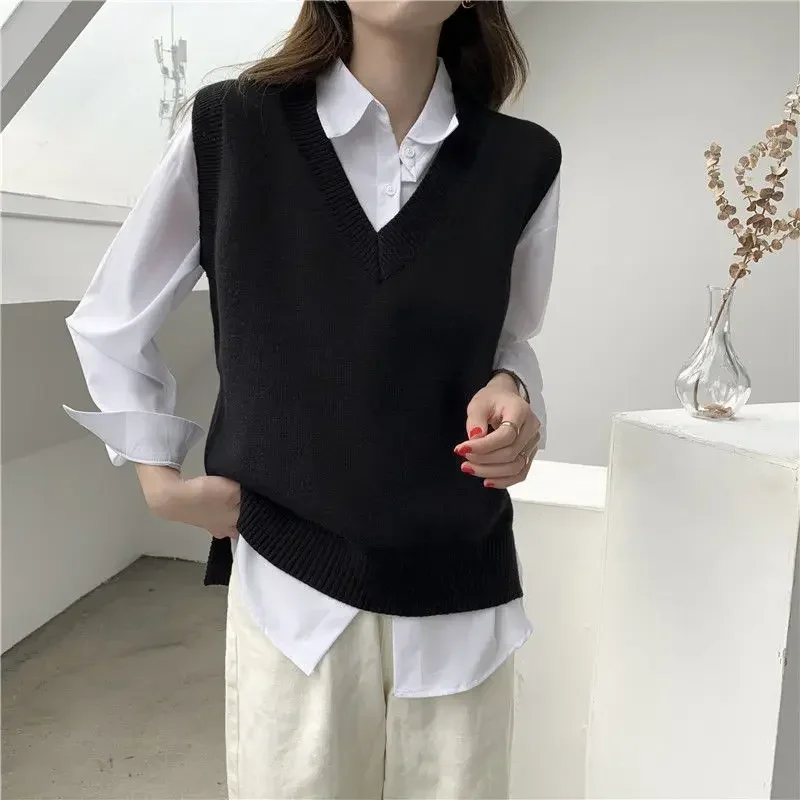 Women Sweater Vest Autumn and Winter Korean Loose Black V-neck Knitted Vest Sleeveless Sweater Women