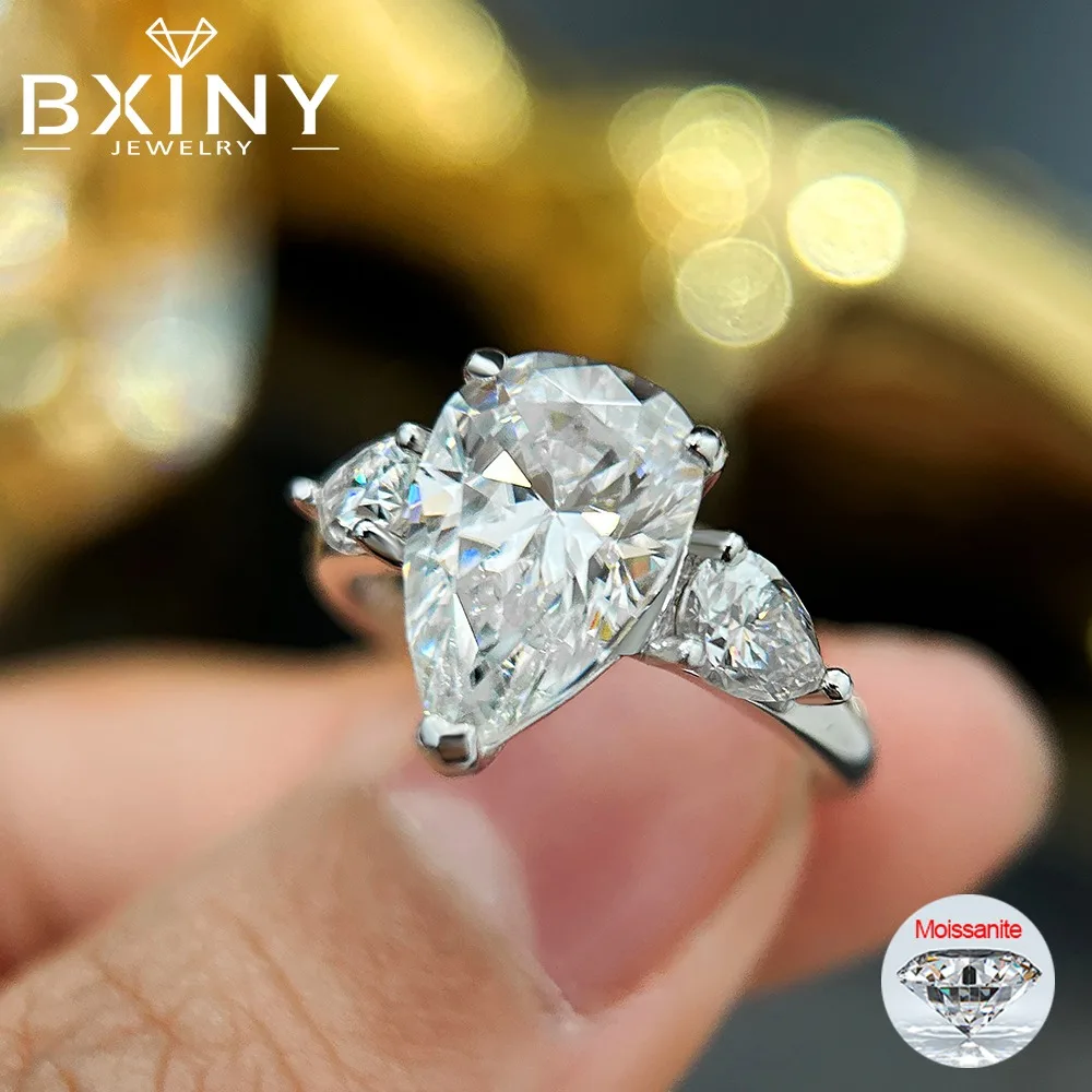 BXINY GRA Certified Pear Cut All Moissanite Ring S925 Silver for Women 3 Stones WaterDrop Diamond Wedding Band Gift Fine Jewelry