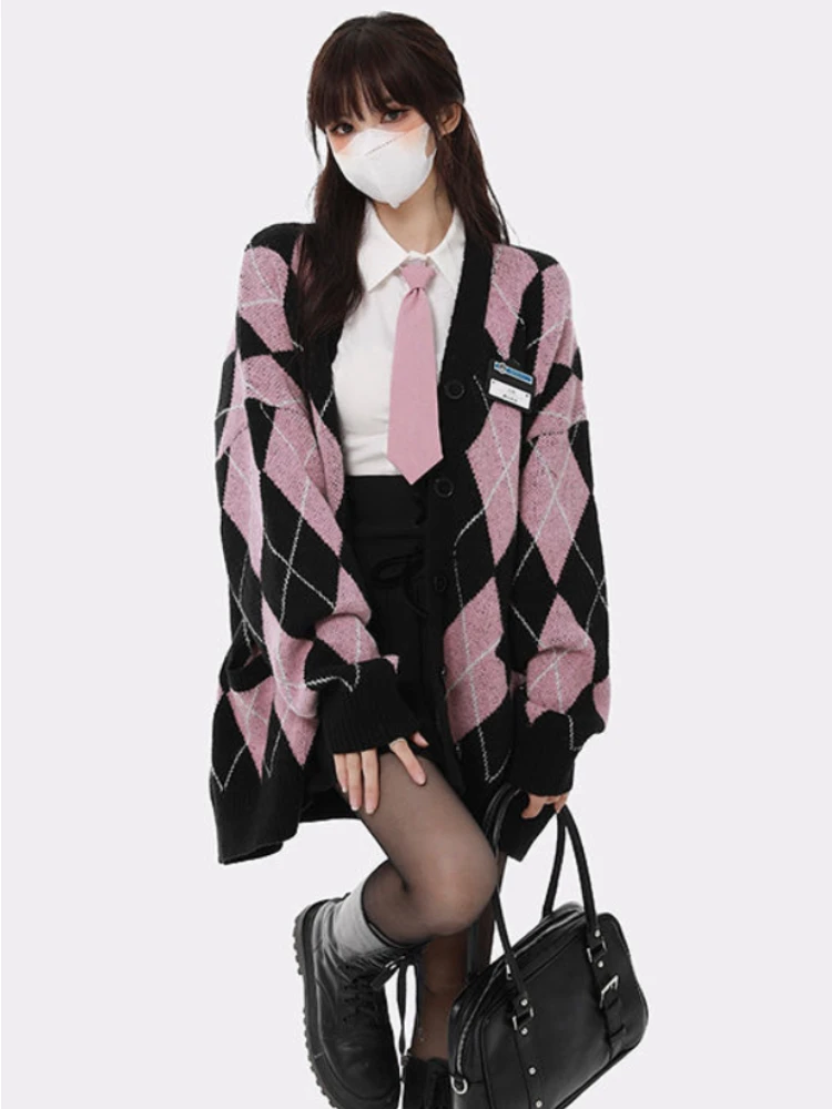 Deeptown Preppy Style Argyle Knitted Cardigan Women Harajuku Sweet Pink Oversized Sweater Retro V-neck Long Sleeve Knitwear Tops