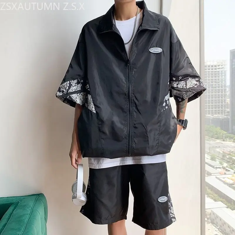 

Fashion Printing Hip Hop 2 Piece Set Casual Sports Suit Men Korean 2023 Summer New Men Vintage Loose Male Shorts Sets Tracksuit