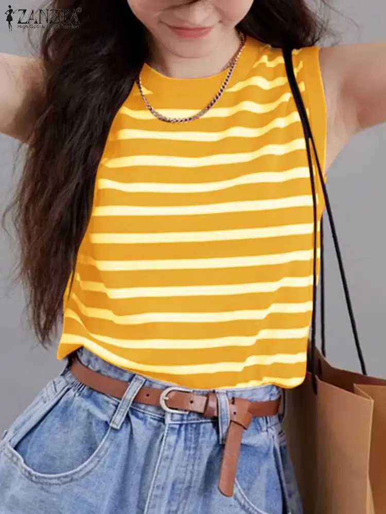 ZANZEA Color Block Korean Fashion Tank Tops Sleeveless 2024 Summer Casual O Neck Striped T-shirts Women Streetwear Knitted Tees