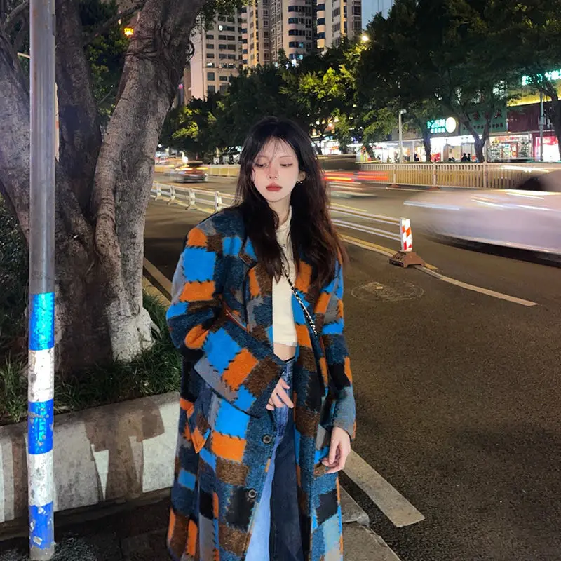 

High Quality Retro Color Contrast Plaid Blazer Woolen Jacket Overcoat Winter Thickened Warm Long Style Patchwork Woolen Coat