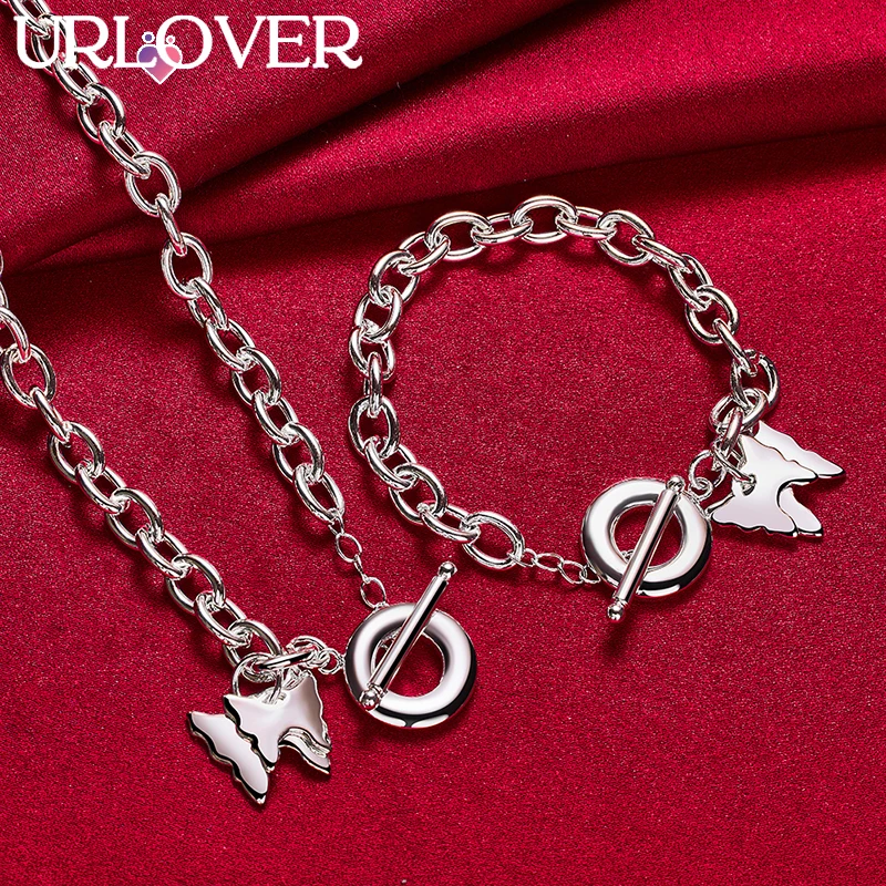 

URLOVER 2pcs/lot 925 Sterling Silver Two Butterfly Pendant Chain Necklace Bracelet Set For Woman Party Birthday Fashion Jewelry