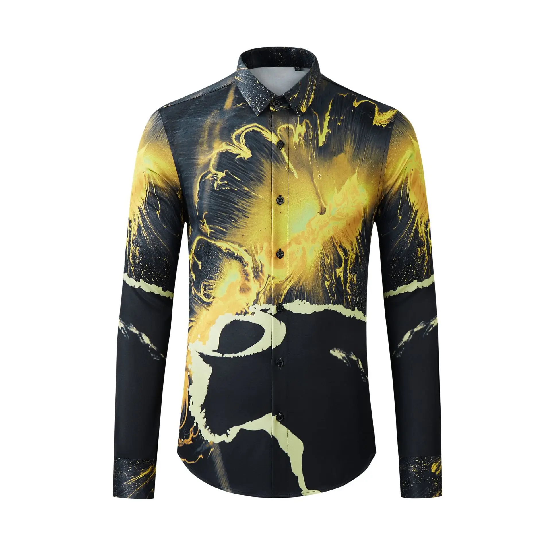 Brand 2024 Spring Art Flame Printed Shirt for Men Long Sleeve Casual Social Shirts Slim Fit Business Banquet Party Streetwear