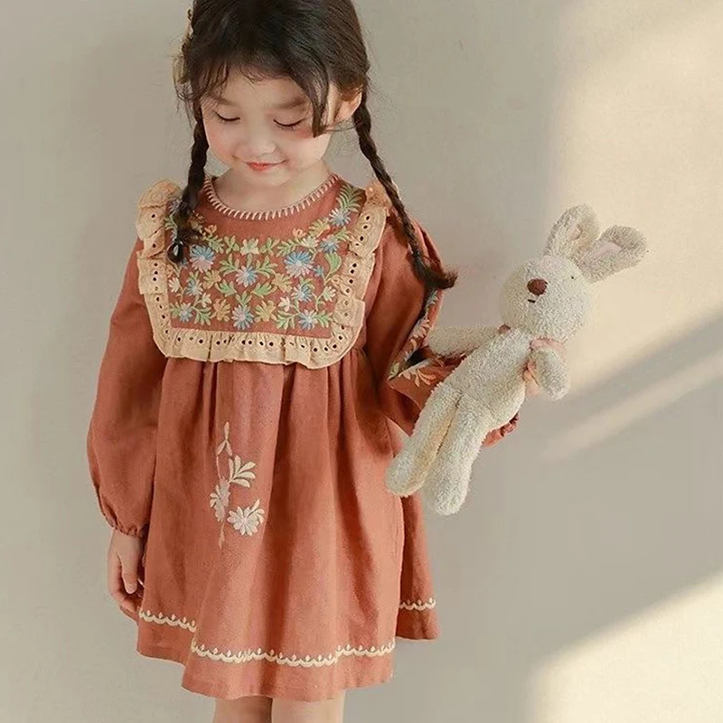 Spring Autumn Girls Dresses Kids Hollow Lace Embroidered Dress Children Vintage Clothing Toddler Girls Princess Dress for 1-7Y