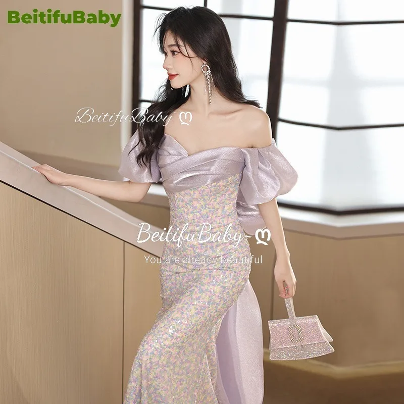 BeitifuBaby Elegant Prom Dresses for Women 2024 Off The Shoulder Strapless Bow Sequins Skirts Banquet Gown Mermaid Evening Dress