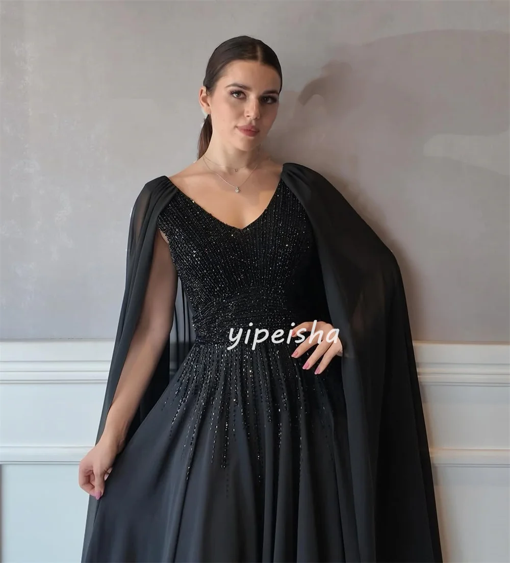 تخصيص جودة عالية كلاسيكي الشيفون الديكور مستقيم الخامس الرقبة فساتين طويلة مخصص فساتين المناسبات الأحجام المتاحة مطابقة